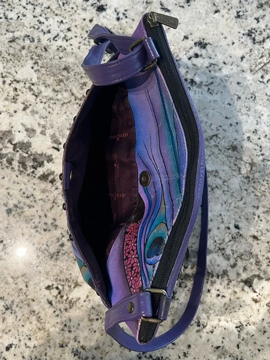 Anuschka Hand-Painted Leather Peacock Crossbody with Matching Coin Pouch - Picture 4 of 10